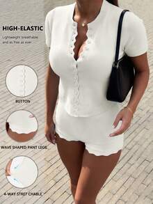 2pcs Women Short Sleeve Round Neck Multi-Button Knit Cardigan Top Paired With Elastic Waist Fitted Shorts, Casual Spring Outfit White - White - View 3