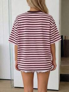 Women's Casual Contrast Stripe Drop Shoulder Loose Printed Blouse, Suitable For Work, Daily Wear, Summer Vacation Pink - Pink - View 3