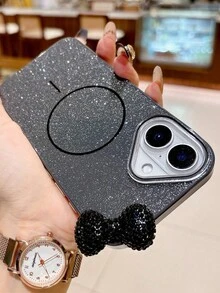 1个水钻蝴蝶结手机壳，磁吸式，兼容 16/15/14/13/12/11，17英寸闪亮超薄指环Magsafe保护套 14PM - 黑色閃粉蝴蝶結 - 查看 3