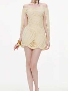Women's Sleeveless Sequin Off-Shoulder Bodycon Mini Dress, Made Of Knit Fabric With Back Opening And Asymmetric Hemline - Yellow - View 1