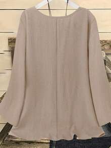 YFY Women's Casual Western Style Solid Color Round Neck Long Sleeve Flared Cuff Shirt, Soft & Lightweight Polyester Fabric, Suitable For Spring/Summer Everyday Wear - Apricot - View 2