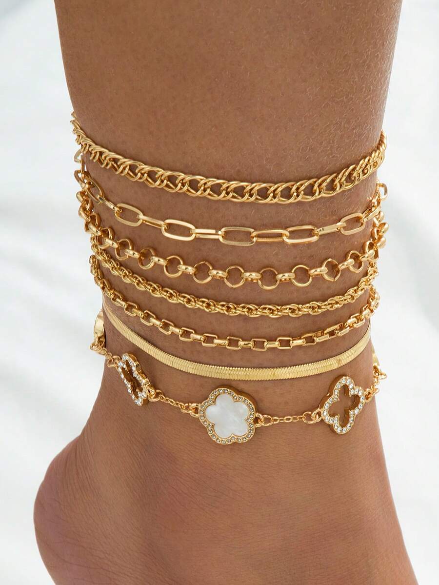 7pcs Summer New Vacation Beach Style Elegant Classic Versatile Chain Hollow Clover & Sweet Five-Leaf Clover Anklet Set For Women - White - View 1