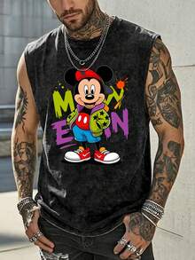 Disney Men's Summer Streetwear Sleeveless Vest - Featuring A Vintage Washed-Black Finish, This Vest Showcases A Graffiti-Style Print Of Mickey Mouse Dressed In Street Gear-Sporting A Red Cap, A Green Jacket, And Red Sneakers-Accented By Vibrant, Colorful Graffiti Graphics. This Retro-Washed, Casual Muscle Tank Is The Ideal Choice For Streetwear Ensembles, Summer Outfits, And Everyday Wear-Perfect For Disney Fans And Streetwear Enthusiasts Alike. - màu đen - Xem 1