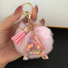 1 pieza Lindo llavero con letra mayúscula para mujer con bola rosa, borla, colgante con corazón brillante, perfecto como regalo para mejores amigas, accesorios para automóvil, dije para bolso, regalos escolares, góticos, Y2K, para madre, padre, graduación y maestros - Rosa - Ver 6