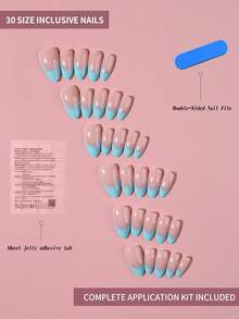 One-Click Style Upgrade, 30pcs Blue Gradient Glossy Short Almond Shaped Press-On Fake Nails, Nail Supplies, 1pc Nail File And 1pc Nail Glue Tape Set - Multicolor - View 2