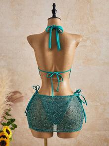 Bộ đồ đi biển 3 mảnh mùa xuân/hè mới dành cho nữ, bikini thiết kế cổ yếm chữ V khoét sâu với viền ren móc và chân váy voan mỏng, thích hợp cho các bữa tiệc bể bơi, lễ hội âm nhạc, lễ hội hóa trang và kỳ nghỉ. - Xanh lam công - Xem 5