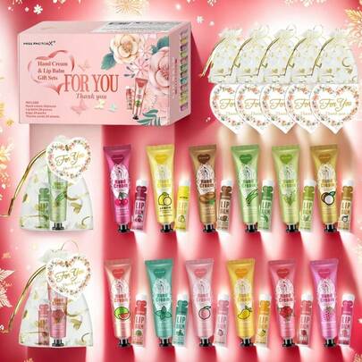 24pcs/Box Wedding Favors, 12 Flavors Lip Balm & Hand Cream Set, Gift For Women, Friends Gathering, Party Giveaways, Holiday Gifts, Includes Love Heart Mesh Bag & Thank You Card