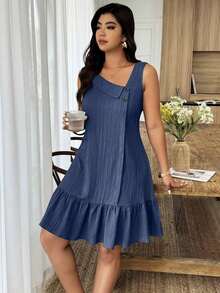Weeklong Vestido corto sin mangas de línea A con cuello asimétrico, botones, tela texturizada y volante en el bajo, para mujer de talla grande, ropa casual de resort para primavera/verano - Burdeos - Ver 10