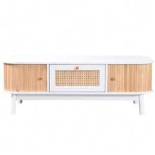 Coffee Table - Rattan Coffee Table, Drawers With Rattan And Sliding Doors With Solid Wood Slats, Solid Wood Legs, Natural Country Style. - White - View 4