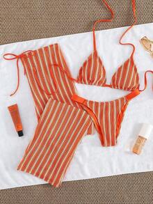 3 piezas Conjunto de bikini de punto a rayas sexy - Top triangular + Calzoncillos de cintura baja + Pantalones de pierna ancha con tirantes ajustables| Traje de baño de vacaciones de playa retro para el verano - Naranja - Ver 6