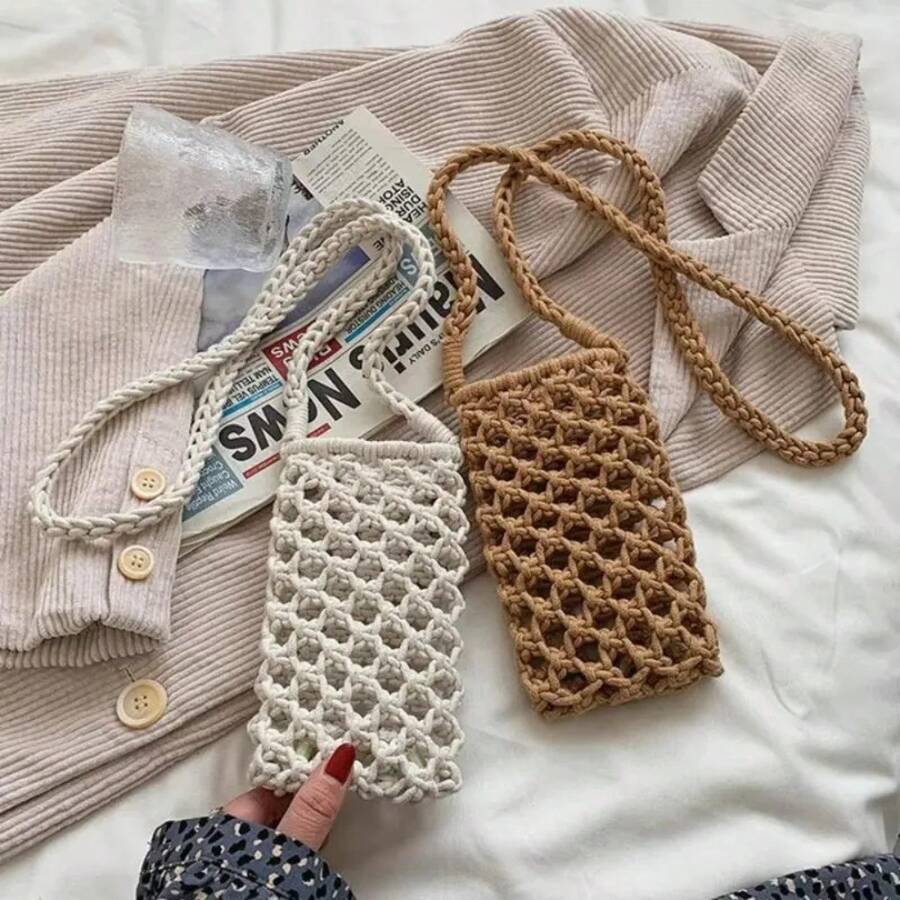Hollow-Out Woven Crochet Small Crossbody Phone Bag Women Fashion Solid Color Lightweight Braided Shoulder Handbag Crossbody Bags - Brown - View 1