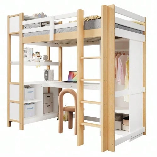 Loft Bed, 90 X 200 Cm, Shelves, Ample Storage, Desk, Wardrobe, Mattress Not Included, Natural Finish - Natural Color - View 1