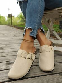 Women's Casual Black Mule Shoes With Adjustable Ankle Strap - Soft Faux Suede And Cushioned Insole (Comfortable Work Shoes), Bohemian Buckle Decor, Non-Slip Soft Bottom, Velvet Material, Solid Color Round Toe, Slip-On Mule Flats, European And American Casual Style, Suitable For Spring/Autumn, Home, Commute, Shopping, Travel, Daily Wear - Beige - View 6