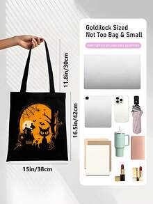 1 pieza Bolsa de tela para Halloween, con asas con diseños de gato negro, fantasma, murciélago, araña y telaraña. Bolsa de compras y monedero de gran capacidad para mujeres. Bolsa de Halloween, perfectamente adecuada para varias fiestas, moda de Halloween y estilo gótico, puede contener libros, bolsas de compras y útiles escolares. - multicolor - Ver 2
