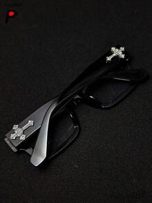 POLASUP 1pc & Heart Decor Metal Frame Thick Retro Classic Korean Style Square Lens Glasses (With Glasses Strap), Light Glasses Computer, Gaming - 黑色 - 查看 7