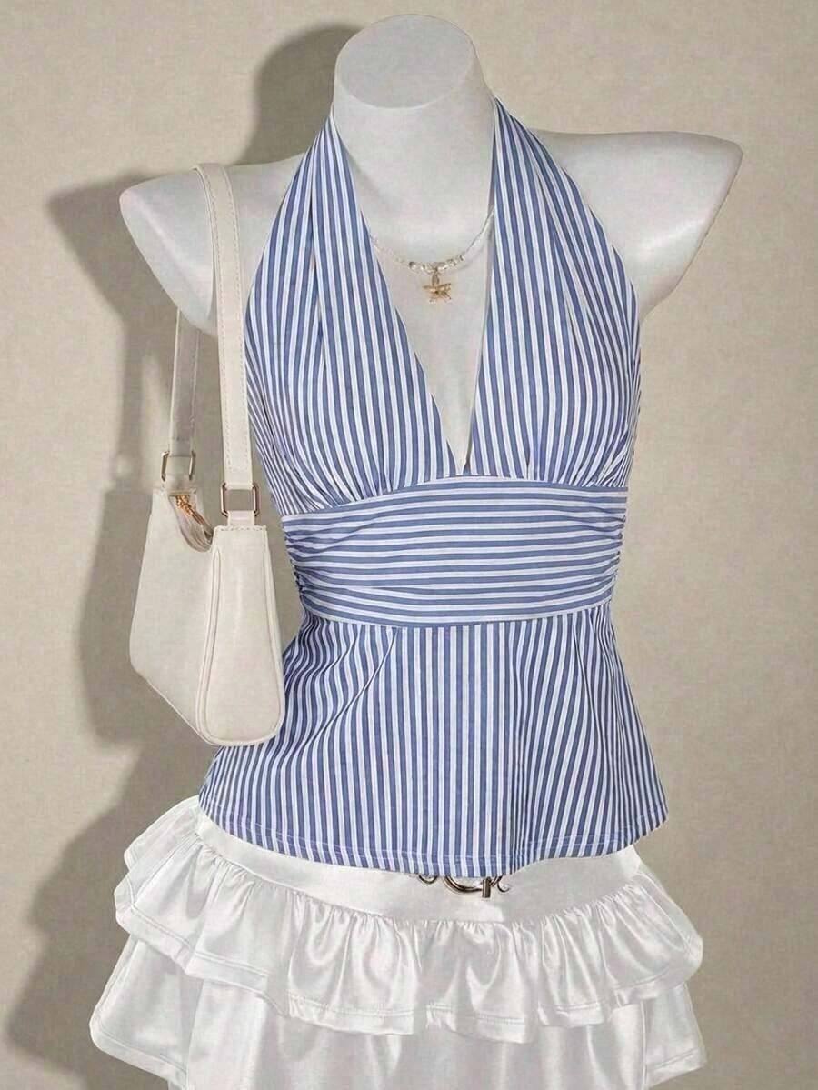 ICON Top halter de estampado de rayas azul y blanco, elegante y versátil, adecuado para primavera/verano, cómodo para vacaciones de verano y playa para mujeres - Multicolor 2 - Ver 1