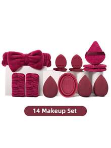 14 PIEZAS Juego de herramientas de maquillaje todo en uno, 3 esponjas de maquillaje, polvos de aire en forma de triángulo y mini cojín, diadema elástica, correa de bol de mano con herramienta de limpieza de brochas de maquillaje - Burdeos - Ver 12