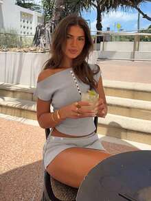 Women's Solid Color Hollow Lace-Up Fitted Casual Short Sleeve Knit Top, Elastic Waist Drawstring Button Bodycon Mini Skirt Elegant - Grey - View 3