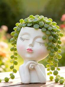 人脸造型花盆/花盆，适合室内外植物，树脂材质，适合多肉植物，底部有排水孔，可爱女士脸型花盆 - B - 查看 3