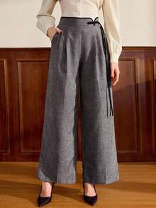 Pantalones de Vestir para Mujer, Gris, Cintura Alta, Estilo Clásico Retro con Detalle de Lazo y Bolsillos, Elegantes para Otoño e Invierno - Gris Oscuro - Ver 3