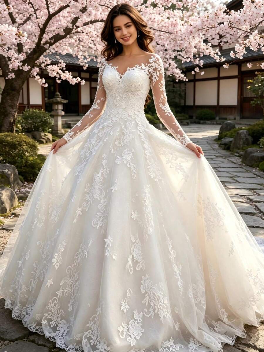 New European And American Cross-Border Women's Clothing For Independent Sites And : Sexy, Elaborate Lace Wedding Dress With Floral Train And Full Skirt Evening Gown - 白色 - 查看 1