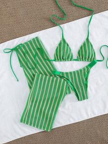 3 piezas Conjunto de bikini de punto a rayas sexy - Top triangular + Calzoncillos de cintura baja + Pantalones de pierna ancha con tirantes ajustables| Traje de baño de vacaciones de playa retro para el verano - Verde - Ver 5
