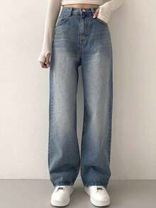 Pantalones Vaqueros Casuales con Cintura Alta, Lavado Degradado y Diseño Holgado, Perfecto para Look de Otoño y Eventos Diarios - Azul - Ver 3