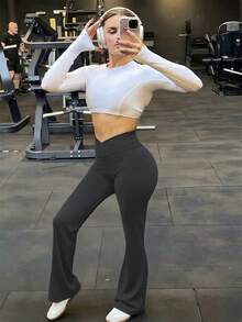 RUNONWHEELS 5 High Waist Flared Pants Daily Fitness Sports Leggings, Women Butt Lifting Yoga Leggings,Women's High-Waisted Cross Design Flared Leggings Suitable - Dark Grey - View 6