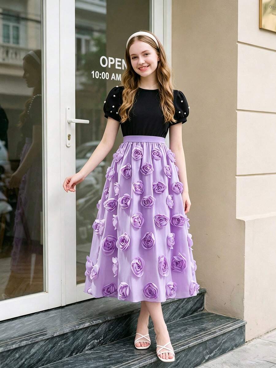 2pcs/Set Tween GirlsSweet Princess Style Outfit: Floral Embellished Long Skirt + Beaded Puff Sleeve Top, Fashion Summer Wear - Purple - View 1