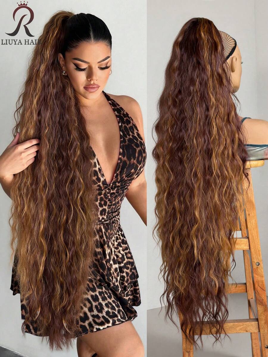 36 Inch Long Lightweight Fully Natural Curly Black Hair Ponytail Wig, Multi-Layer Soft Drawstring Synthetic Hair Ponytail Extension For Women