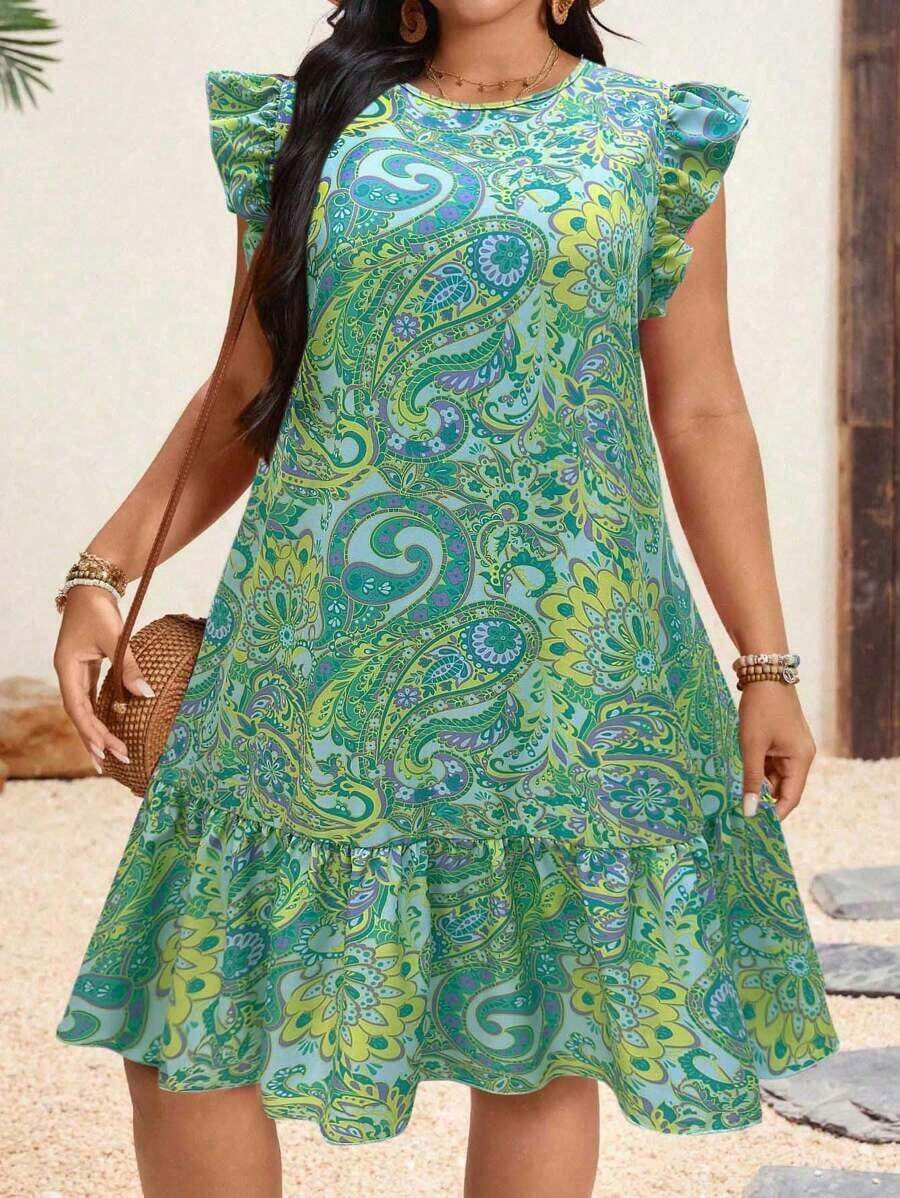 Holidaya Vestido de manga corta con cuello redondo y estampado de anacardo para mujeres de talla grande de vacaciones - Multicolor 2 - Ver 1