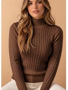 Women's Winter Long-Sleeved Modal Knit Blouse With Braids. Stylish Quilted Knit. Braided Design. - 咖啡棕色 - 查看 1