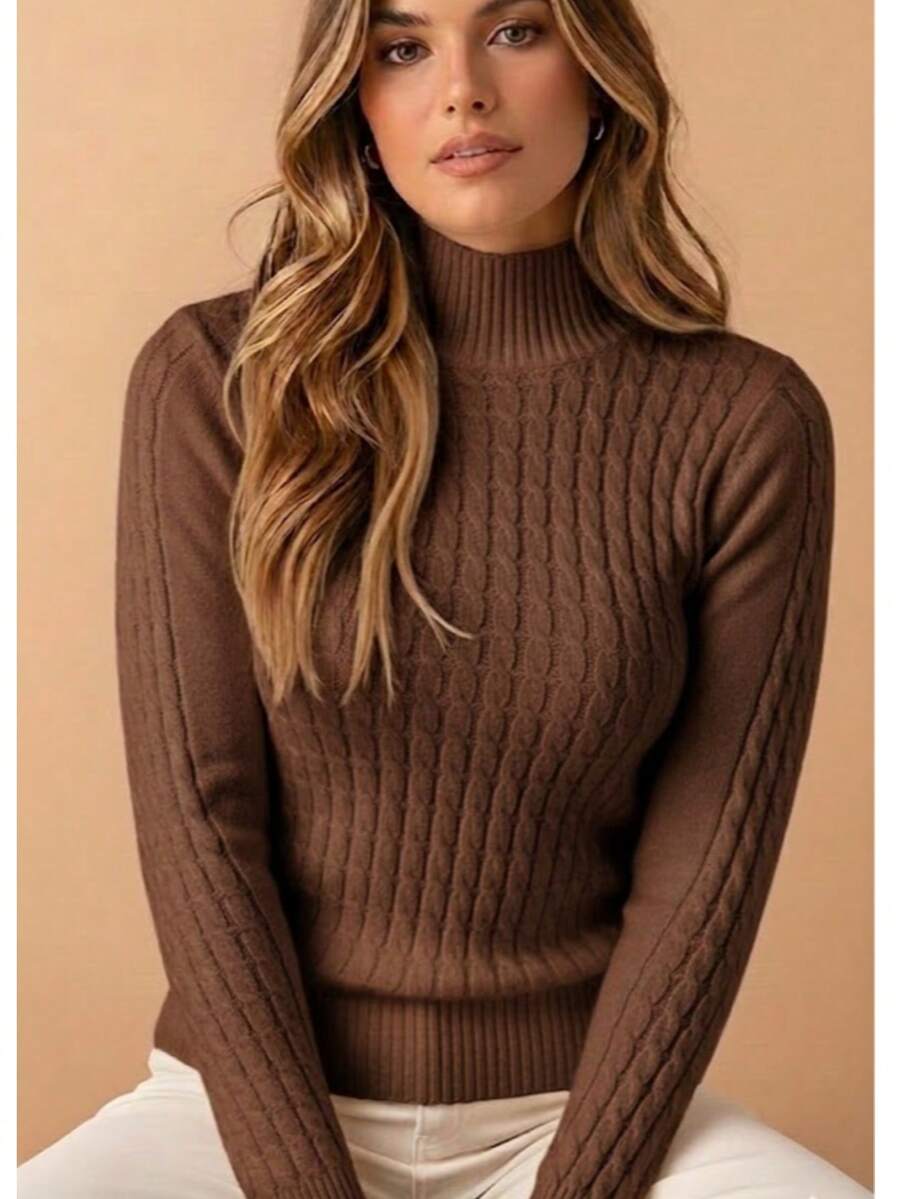 Women's Winter Long-Sleeved Modal Knit Blouse With Braids. Stylish Quilted Knit. Braided Design. - 咖啡棕色 - 查看 1