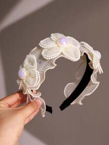 1 pièce Bandeau élégant, romantique et doux en tissu avec fleur de perle, serre-tête, diadème, accessoire pour cheveux, festival, fête - Blanc - Voir 9