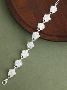 1pc Adjustable Chinese Style Rose Flower Bracelet, Niche High-End Design Accessory - Silver - View 4