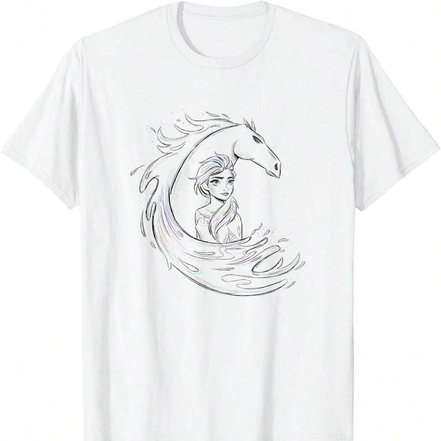 Frozen 2 Nokk Brave Looking Water Shape Line Art T-Shirt, 220g, 100% Cotton - M-In - Ideal For Wearing With Jeans Or Shorts. Suitable For Everyone, Women Or Men. Durable, High-Quality Fabric Suitable For All Seasons, Soft To The Touch Yet Made To Last. Breathable Tops For Women. Autumn Outfits For Women. Holiday Outfits For Women. Easter Costume For Women, St. Patrick's Day. - 白色 - 查看 1