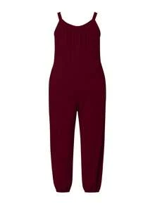 大码女式黑色蝴蝶结吊带无袖连体裤 - 酒紅色 - 查看 3