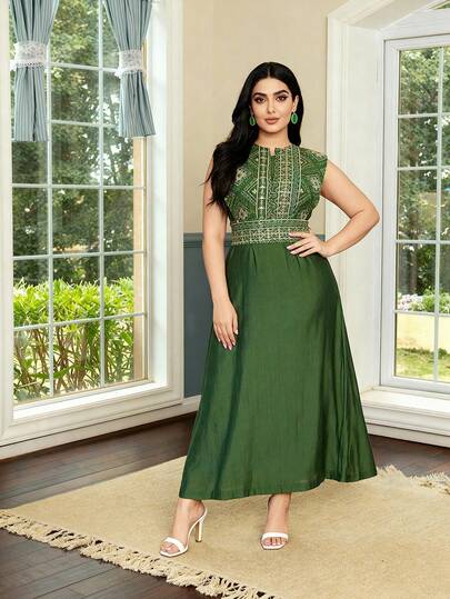 2026 Nuevo vestido elegante bordado con cuentas, Abaya con cinturón estilizador de escote en V, Vestido largo tradicional verde para primavera/verano, Ropa para Eid Al-Adha Ramadán