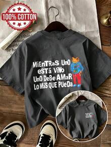 Áo thun nữ bằng cotton gân, in hình hoạt hình minh họa máy ảnh, cây cọ và ghế nhựa, kết hợp với khẩu hiệu tiếng Tây Ban Nha. Phong cách thể thao năng động mới, hoàn hảo cho những chuyến đi chơi mùa xuân và mùa hè. Áo ngắn tay nữ mềm mại, rủ và thoáng khí. - Xám - Xem 1