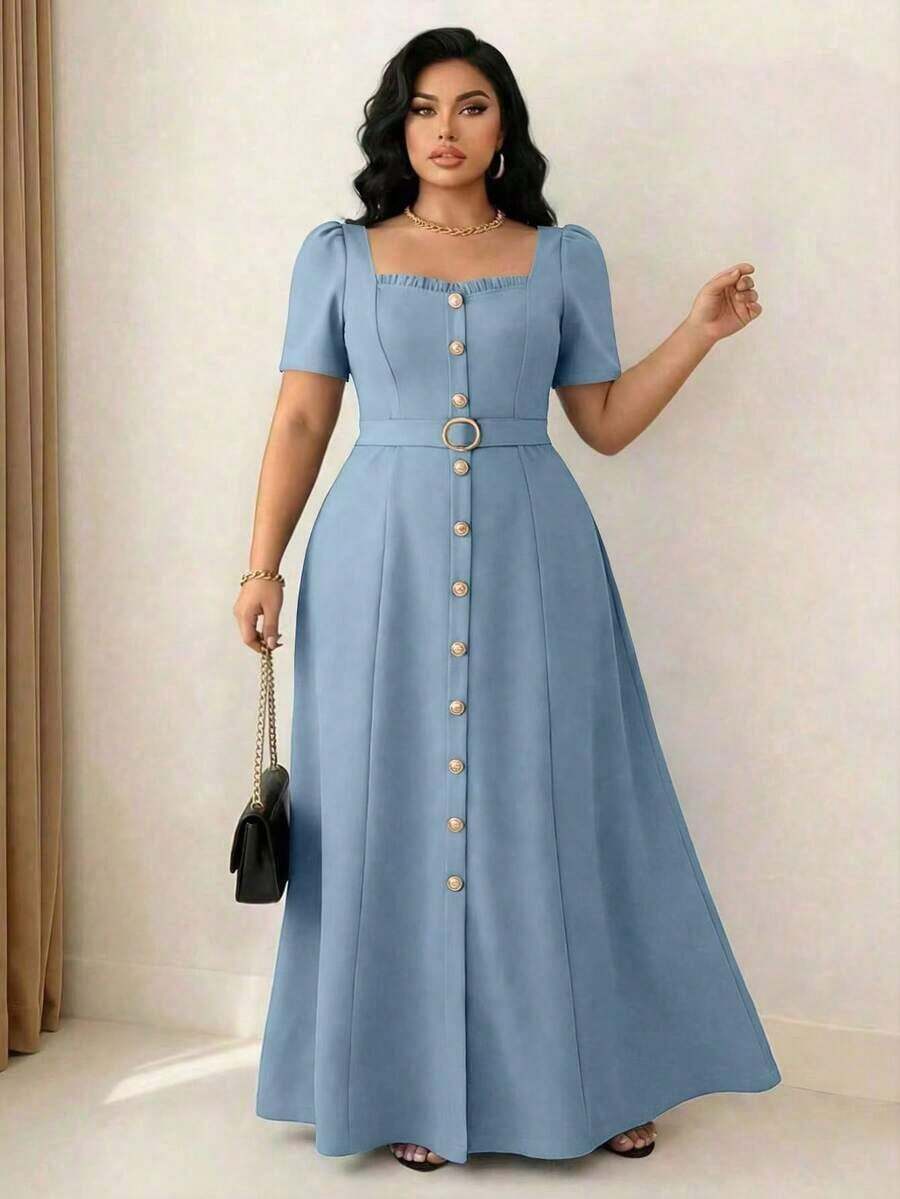 Vestido de mujer talla grande con elegante decoración de botones en la cintura, manga corta con volantes en el cuello, cintura ceñida y silueta evasé, adecuado para oficina, viajes, citas, salidas, estilo vintage, blogger, graduación, vacaciones, San Valentín, festivales de música, Día de la Madre, Halloween, Acción de Gracias, Pascua, Día Nacional, bailes, citas, fiestas, bodas, actividades al aire libre Yisikado Dress Zanzea Dress For Woman Zanzea Dress For Women Plus Size Women's Dresses Elegant Dress - Niebla azul - Ver 1