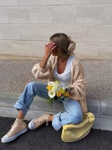 Vibrant Loose Drop Shoulder Design Casual Knit Cardigan, Energetic Style For Women In Autumn/Winter - Camel - View 5