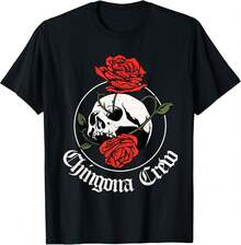 Camiseta Calavera con Rosas Rojas y Texto Chingona Crew en Estilo Tatuaje, Algodón - Negro - Ver 6