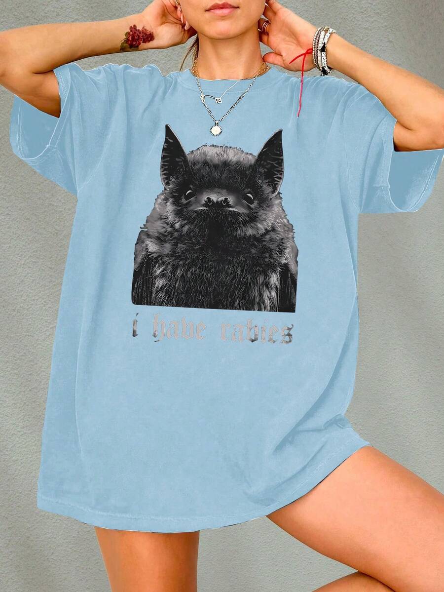 I Have Rabies' 蝙蝠 Y2K 荒誕圖案 T-shirt，黑色幽默復古風，大尺碼女款 T-shirt，適合日常穿著，送給她的休閒禮物 - 薄荷藍 - 查看 1