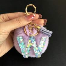 1pc Women's Capital Initial Keychain, Resin Letter, Purple Furball Tassel Keyring, Colorful Heart Sequin Charm, Gift For Friends And Girlfriends - Mauve Purple - View 11