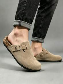 Khaki Comfort Slippers Men's Easy-On Home Shoes, Cork-Like Footbed With Arch Support, PVC Sole And Decorative Buckle - 卡其色 - 查看 2