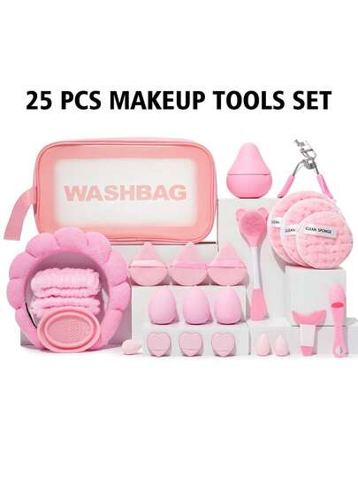 26PCS Makeup Tools Set Including:1pc Multi-Functional Zipper Toiletry And Cosmetic Bag Waterproof+1pc Hairband+2PCS Hand Bowl Strap+1pc Facial Ice Compress+2PCS Silicone Face Washing Tool+3PCS Triangle Powder Puffs+3PCS Makeup Sponges+3PCS Mini Air Cushion Powder Puffs+3PCS Mini Makeup Sponges+1pc Makeup Brush Cleaning Tools+1pc Eye Makeup Aid+1pc Eyelash Curler+3PCS Facial Cleansing Sponges