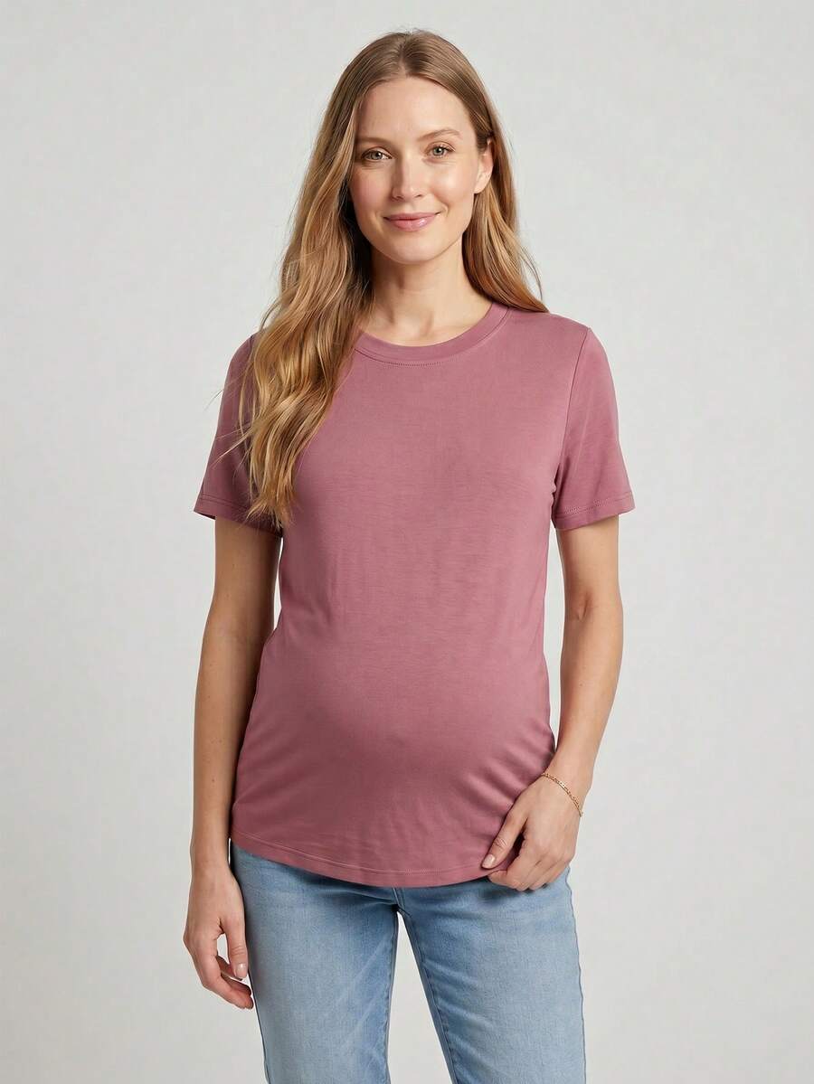 Pregnant Women's Solid Color Round Neck Short Sleeve Casual Versatile T-Shirt Summer - Rusty Rose - View 1