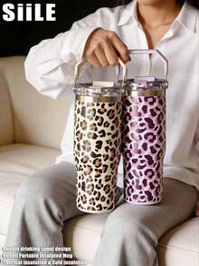1pc 900ml-30oz Sweet Leopard Print Stainless Steel Double Wall Insulated Tumbler, Flat Bottom Cup, Coffee Mug, Car Cup, Cup, Water Bottle, Outdoor Water Cup, Tea Cup, Vacuum Bottle, With Straw Lid Design, Suitable For Outdoor, Office, Home, School, Car, Gym, Travel, Birthday Gift, Holiday Gift, Anniversary, Mother's Day, Father's Day, Back To School, Valentine's Day - Multicolor - View 1
