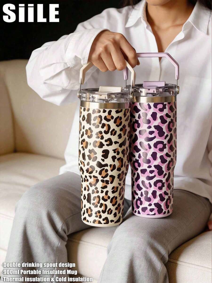 1pc 900ml-30oz Sweet Leopard Print Stainless Steel Double Wall Insulated Tumbler, Flat Bottom Cup, Coffee Mug, Car Cup, Cup, Water Bottle, Outdoor Water Cup, Tea Cup, Vacuum Bottle, With Straw Lid Design, Suitable For Outdoor, Office, Home, School, Car, Gym, Travel, Birthday Gift, Holiday Gift, Anniversary, Mother's Day, Father's Day, Back To School, Valentine's Day - Multicolor - View 1