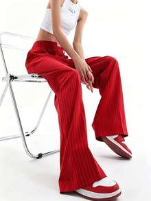 高腰裤，不对称腰带条纹阔腿裤，办公西装裤，红色休闲裤，褶裥直筒裤（春季款） - 紅色 - 查看 1